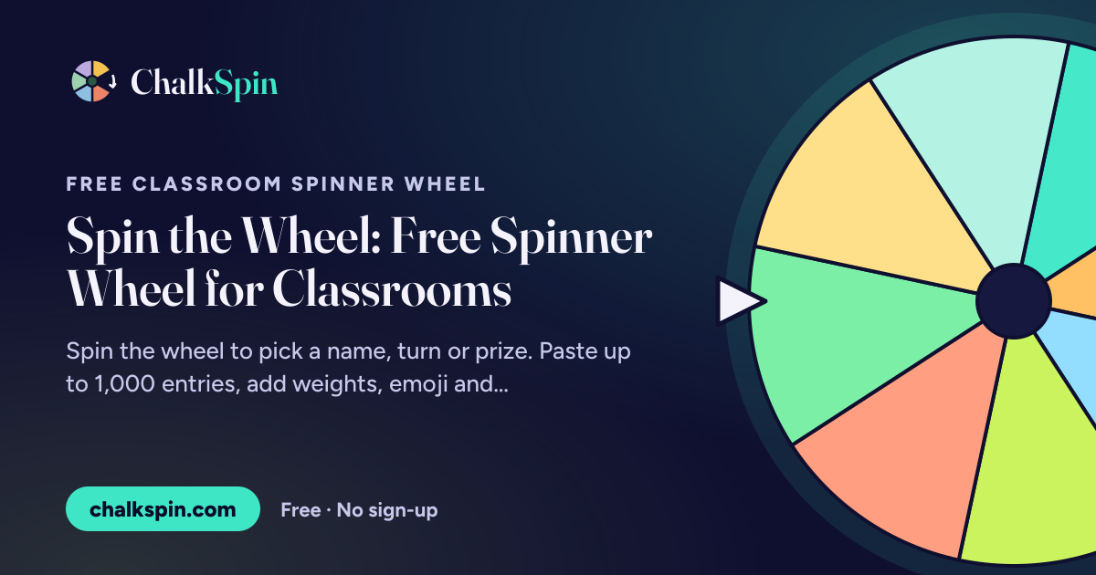 ChalkSpin’s share image: its wheel on navy with the words Spin the Wheel: Free Spinner Wheel for Classrooms